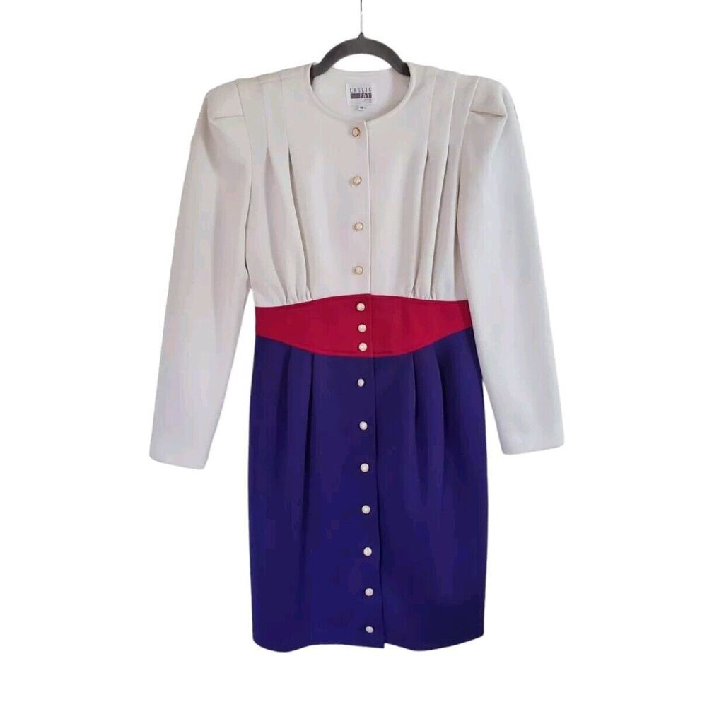Vintage 80s Leslie Fay Petites Colorblock Unique Retro Button Shift Dress Size 6